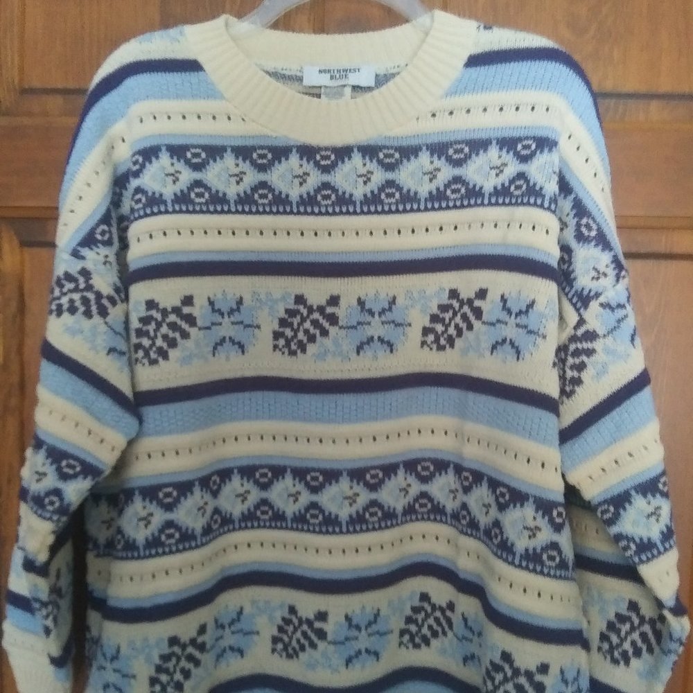 Vintage Northwest Blue Sweater Blue Cream Pullover Plus Size 24